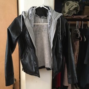 🐰Vegan Leather Faux Fur Lined Hooded Jacket